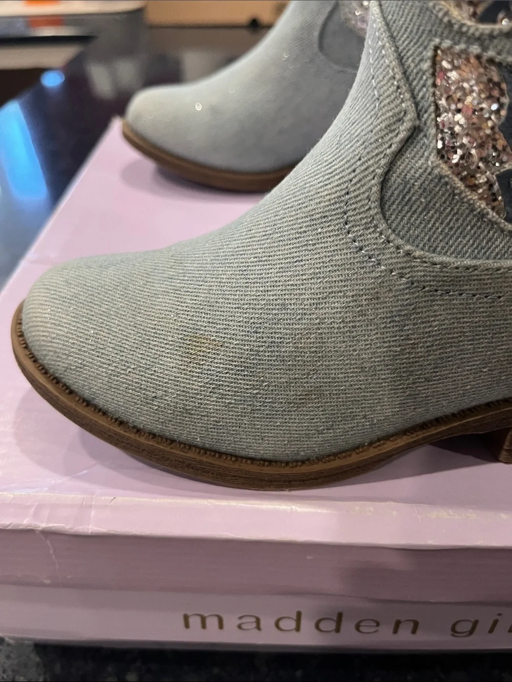 Madden Girl Light Blue Denim Kids Western Boots with Glitter Trim